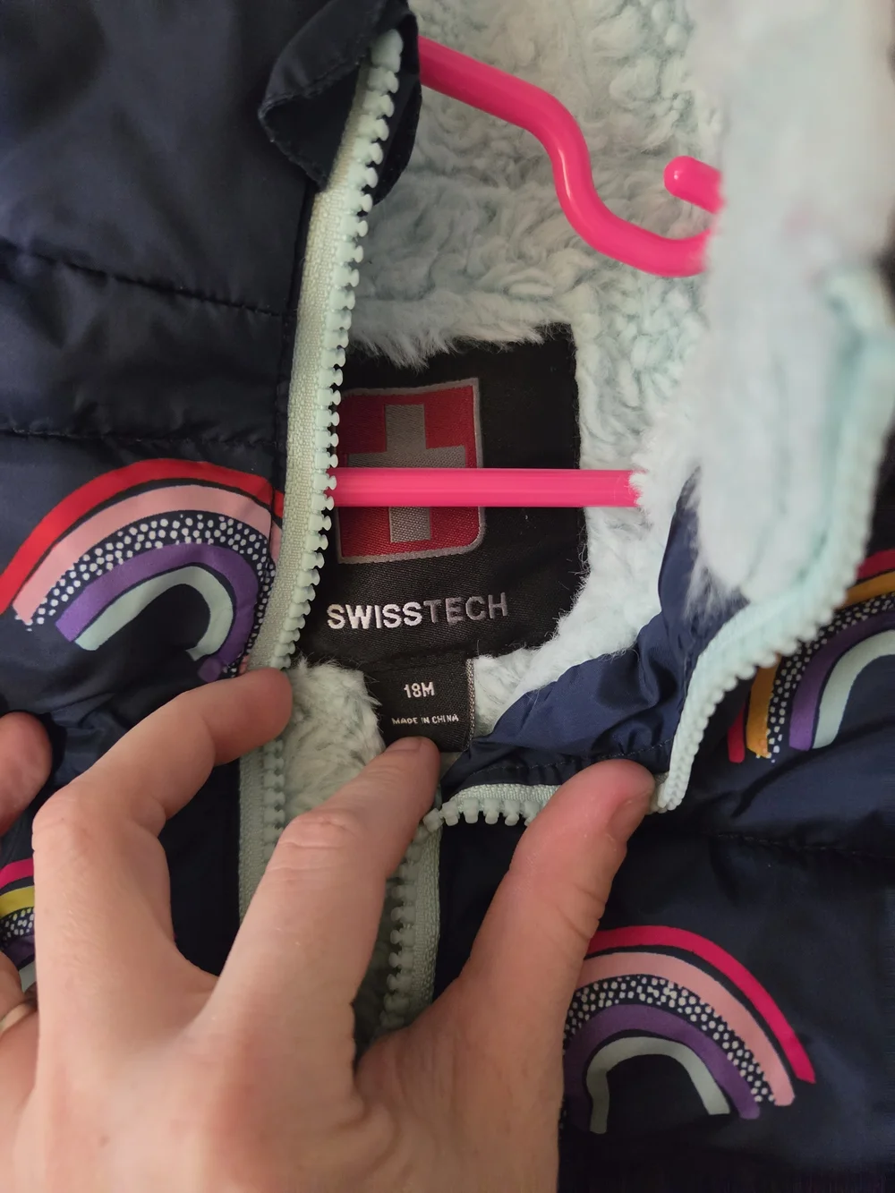 Swiss Tech Navy Hooded Puffer Jacket with Rainbow Print